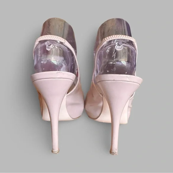 Vintage Patent Leather Peachy Tan Beige Peep Toe Slingback Pinup Pumps Size 9 - Picture 5 of 13